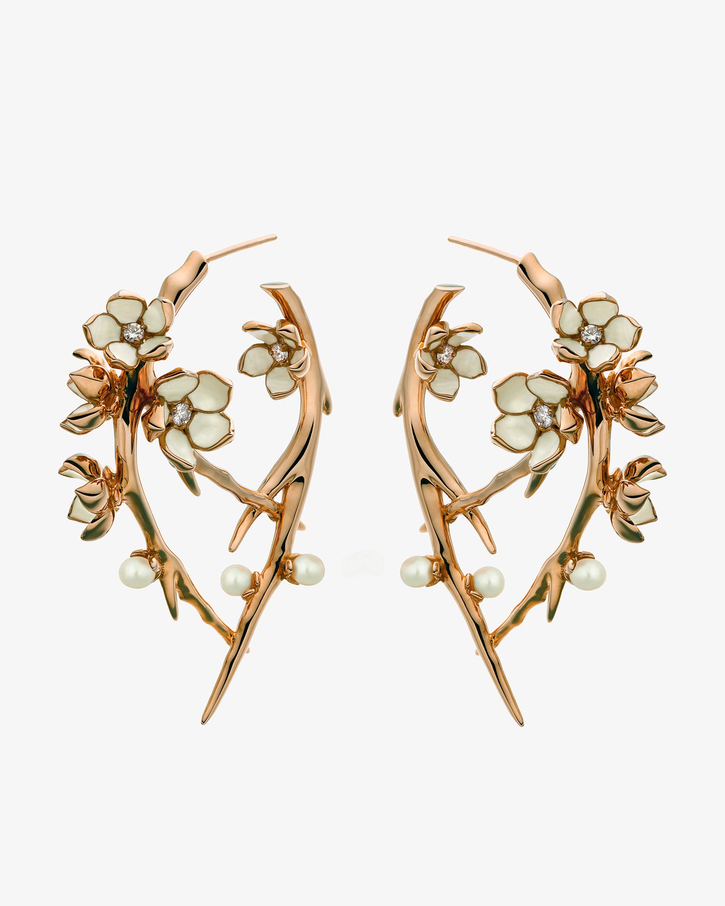 Cherry Blossom Diamond and Pearl Hoop Earrings