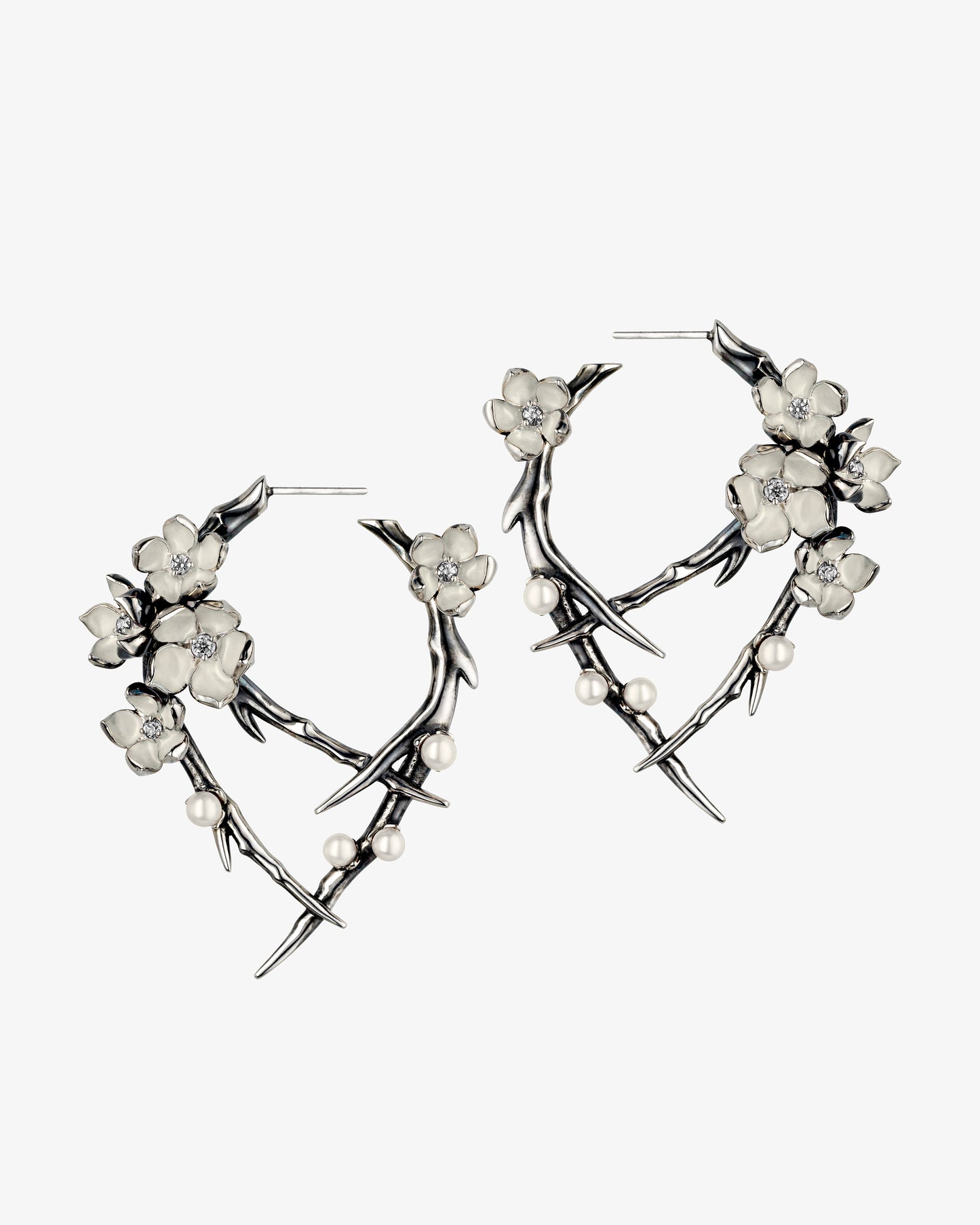 Cherry Blossom Diamond and Pearl Hoop Earrings