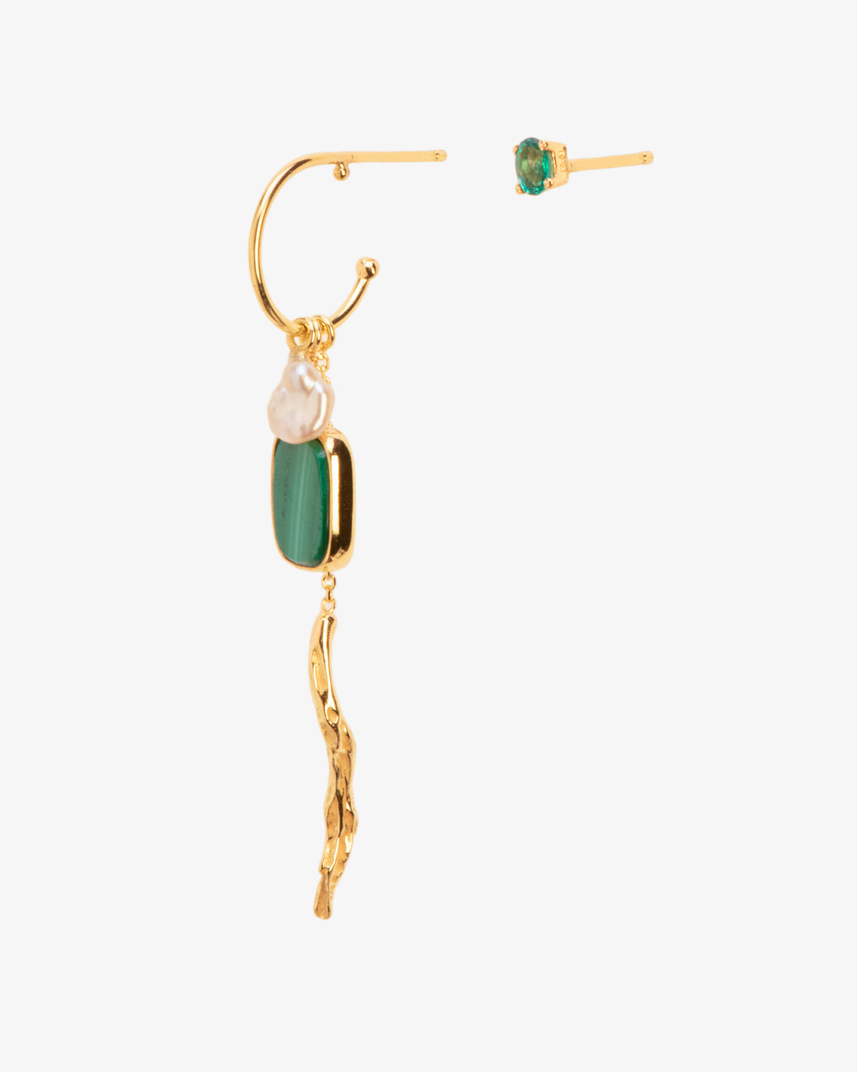 Wouters & Hendrix Gold 18K Gold Asymmetric Branch Emerald Malachite and Pearl Single Earring, side view