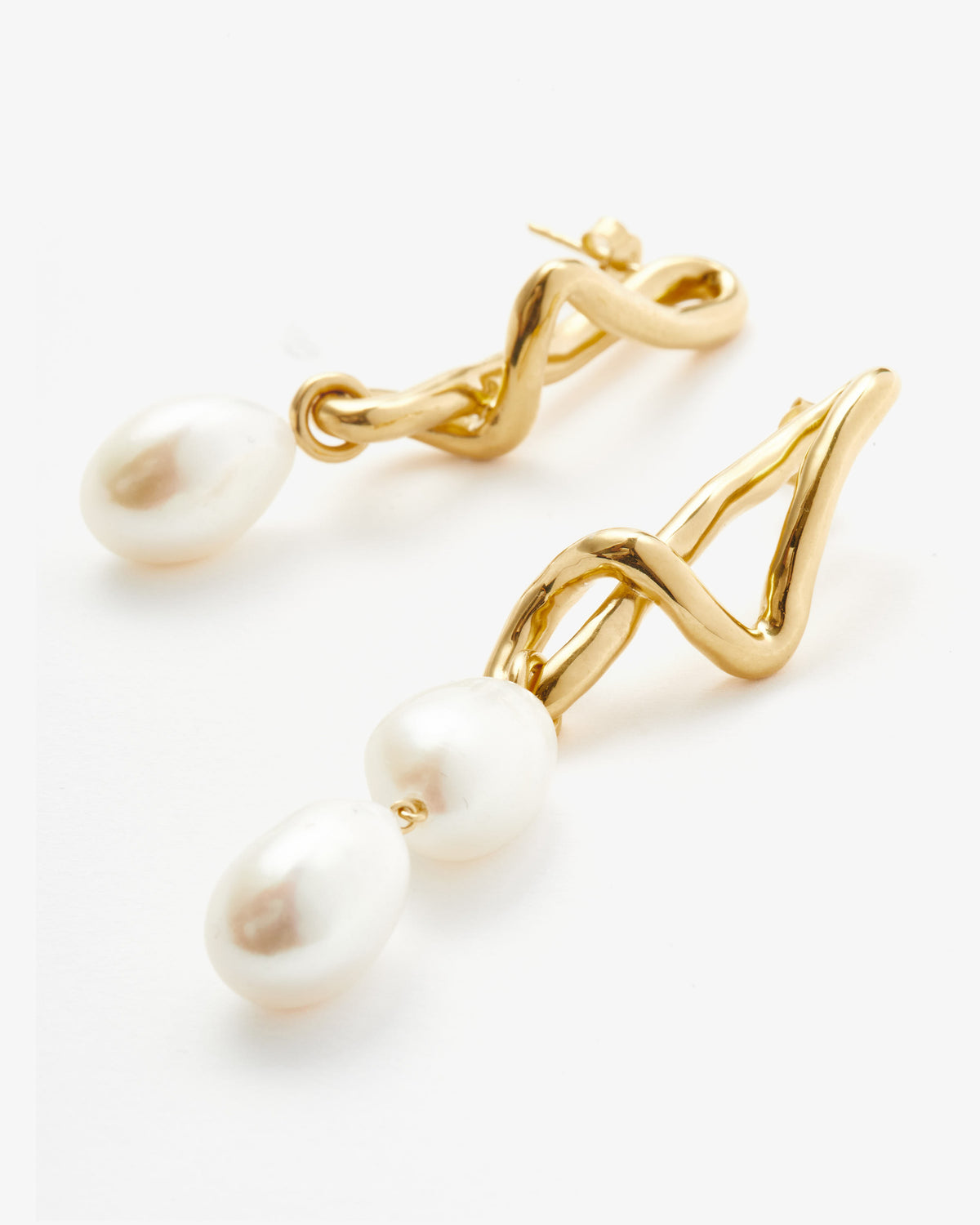 Missoma Molten Baroque Pearl Mismatch Large Drop Earrings in gold-plated brass, view 2