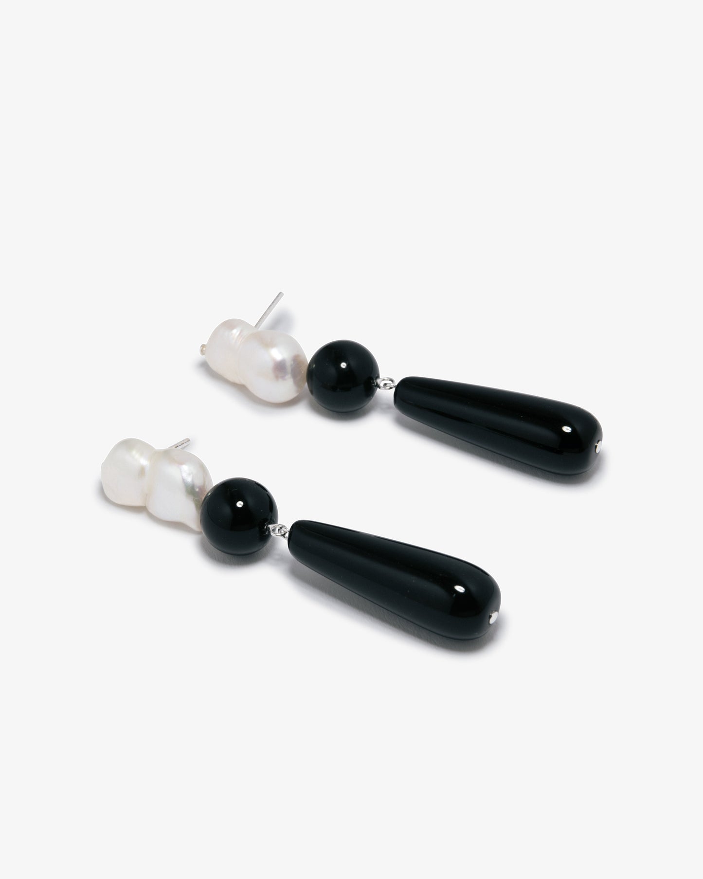 Completed Works – Pearl And Onyx Drop Earrings