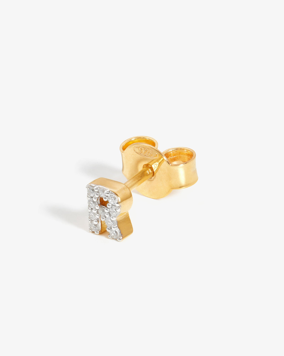 Missoma Pave Initial Stud Single Earring in gold vermeil, letter R, view 10