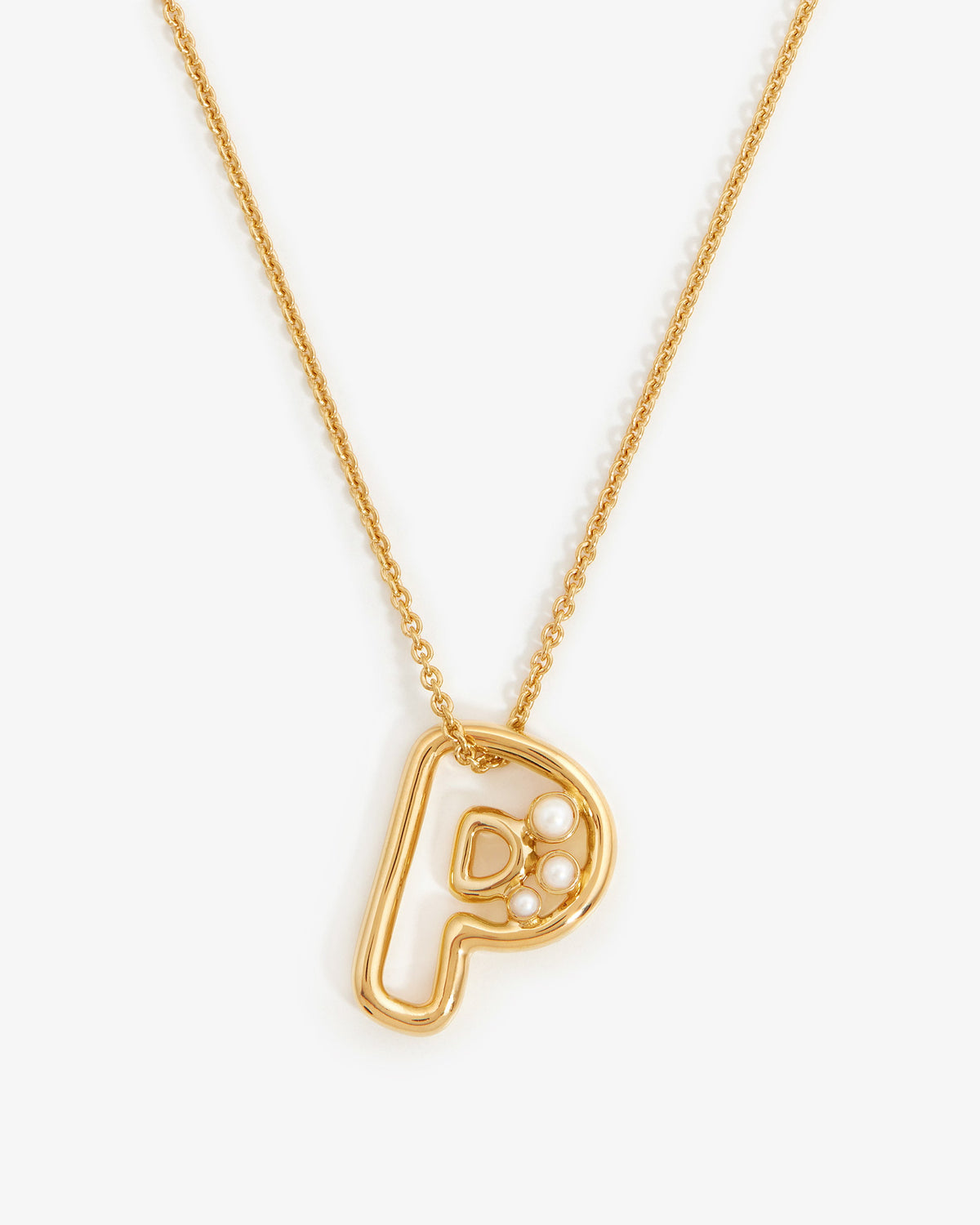 Missoma Chubby Pearl Initial Pendant Necklace in gold vermeil, letter P, view 5