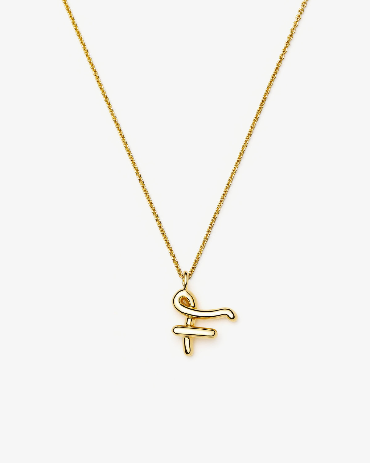 Missoma Curly Molten Initial Pendant Necklace in gold-tone plated metal, letter F, view 4