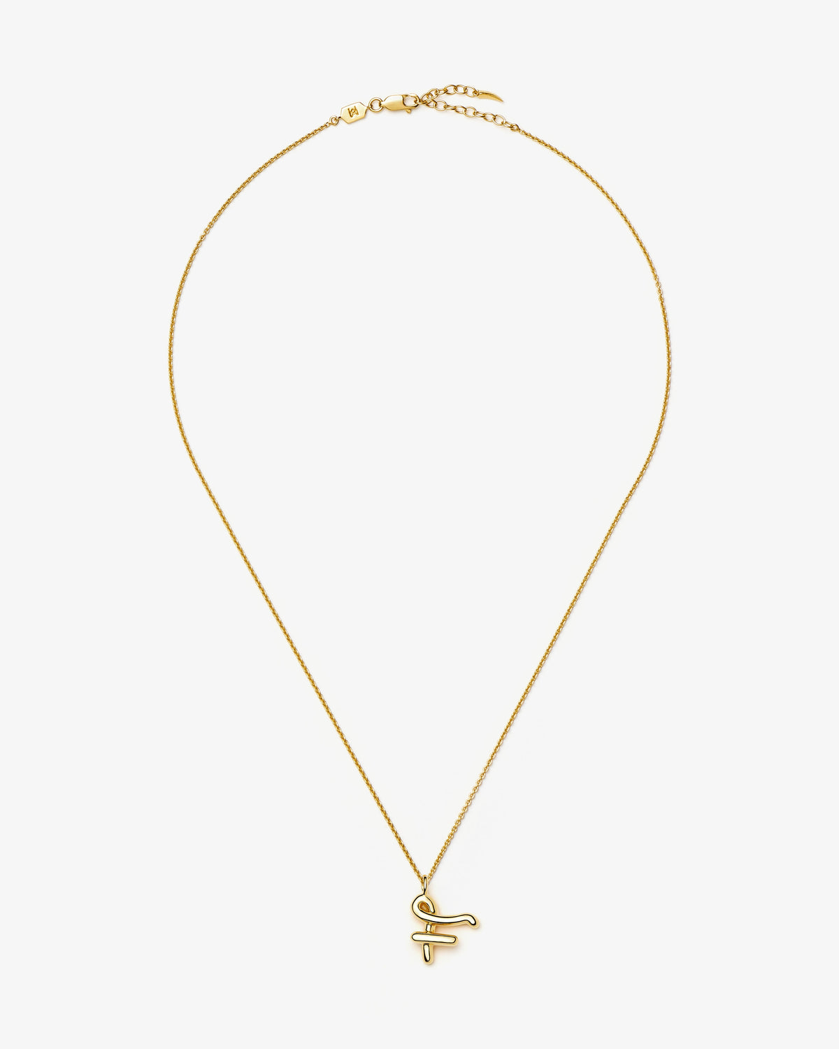 Missoma Curly Molten Initial Pendant Necklace in gold-tone plated metal, letter F, view 5