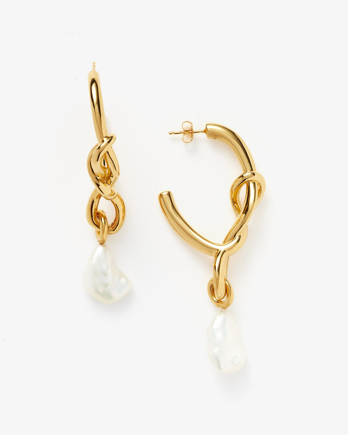 Missoma Molten Baroque Pearl Knot Drop Hoop Earrings in gold-tone plated metal
