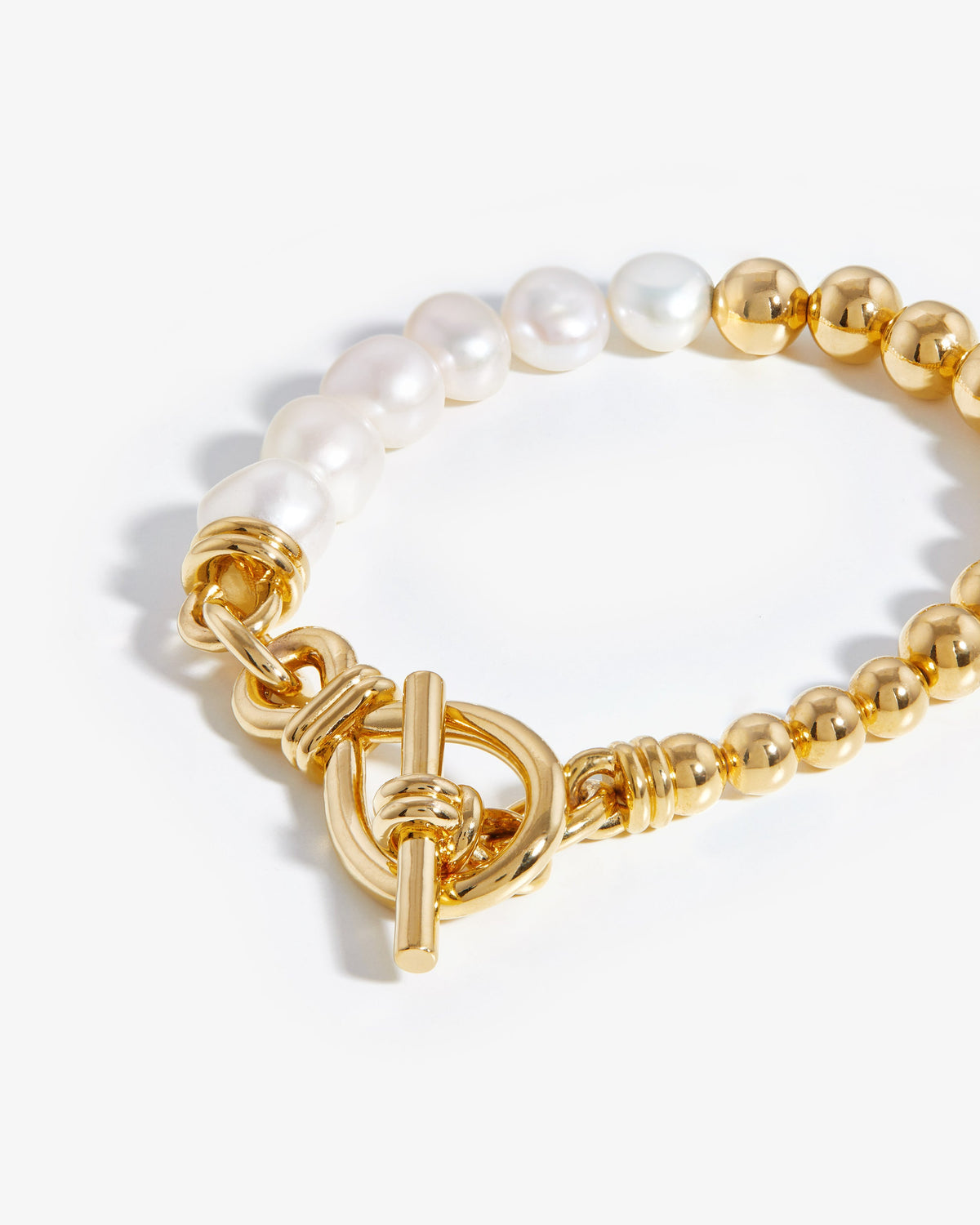 Missoma Baroque Pearl Beaded T-Bar Bracelet in gold-plated brass, view 2