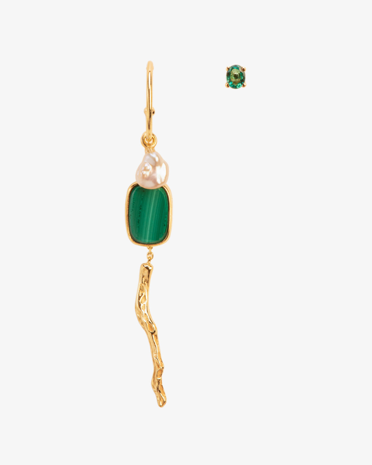 Wouters & Hendrix Gold 18K Gold Asymmetric Branch Emerald Malachite and Pearl Single Earring