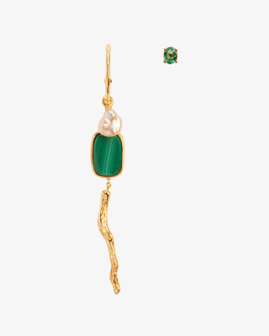 Wouters & Hendrix Gold 18K Gold Asymmetric Branch Emerald Malachite and Pearl Single Earring