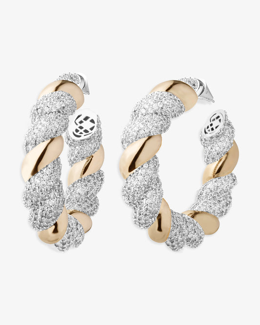 Eddie Borgo Torsade Hoop Earrings in silver and gold tone with pave setting