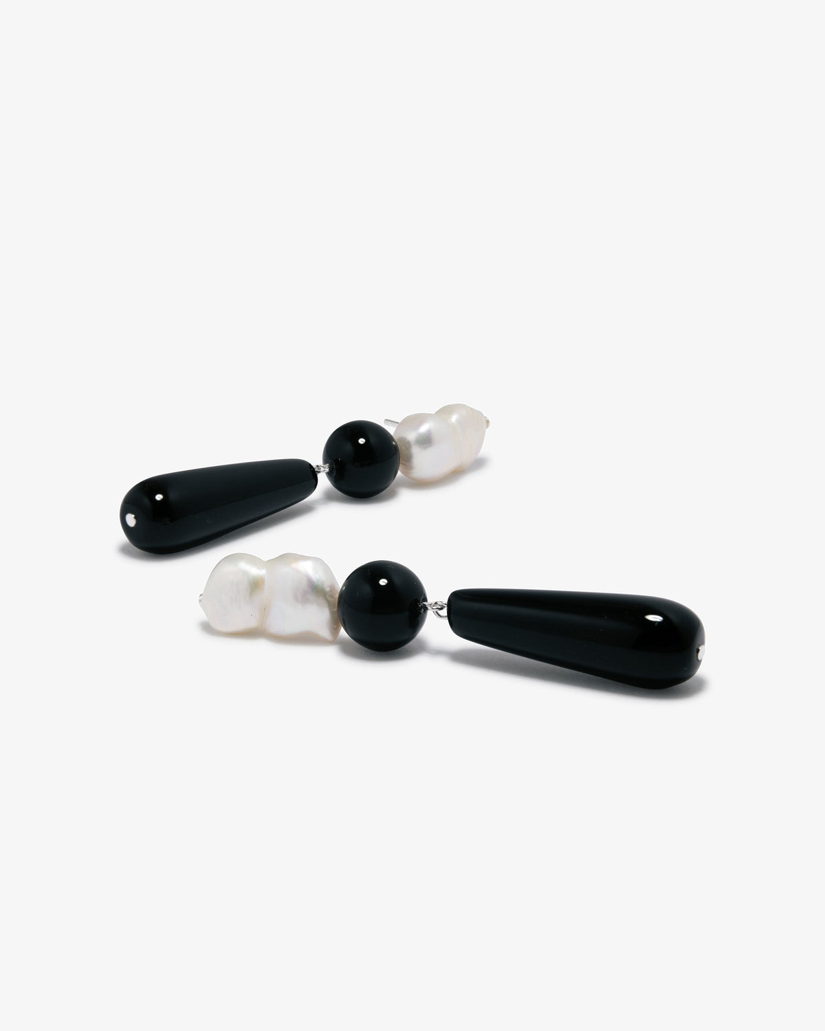 Completed Works – Pearl And Onyx Drop Earrings