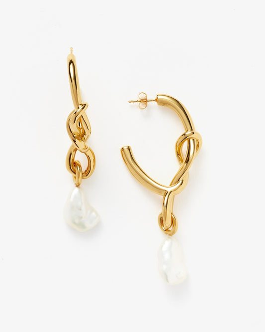 Missoma Molten Baroque Pearl Knot Drop Hoop Earrings in gold-tone plated metal