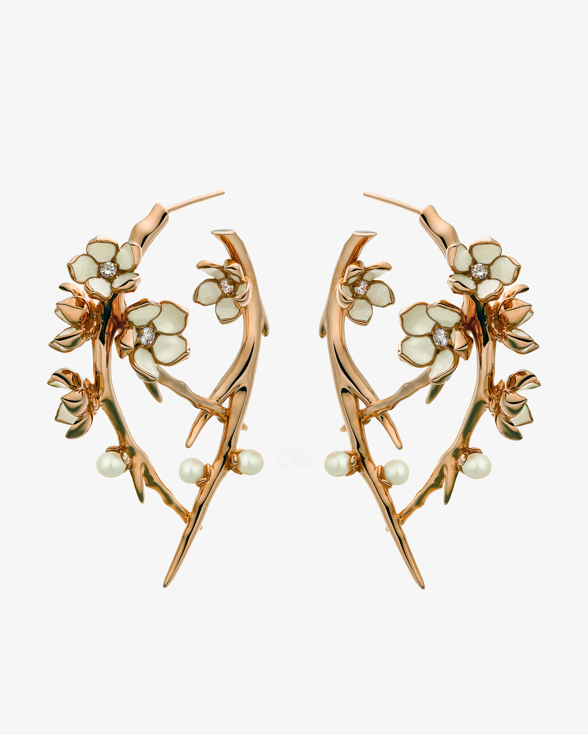 Cherry Blossom Diamond and Pearl Hoop Earrings