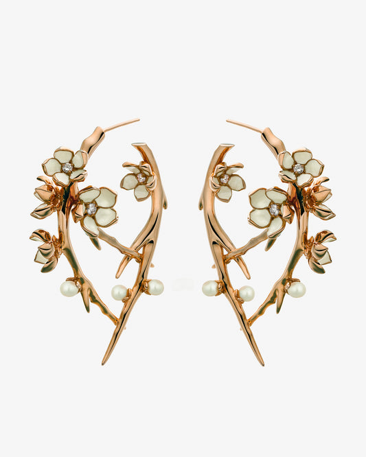 Cherry Blossom Diamond and Pearl Hoop Earrings