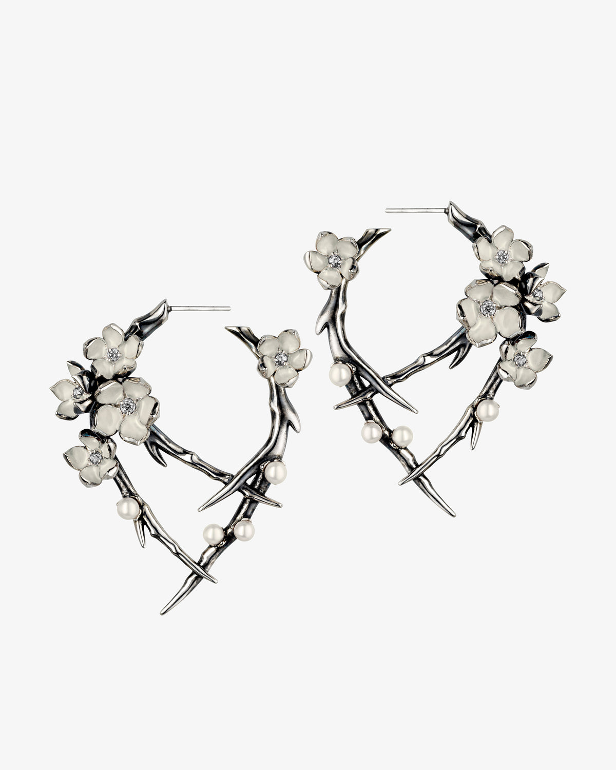 Cherry Blossom Diamond and Pearl Hoop Earrings