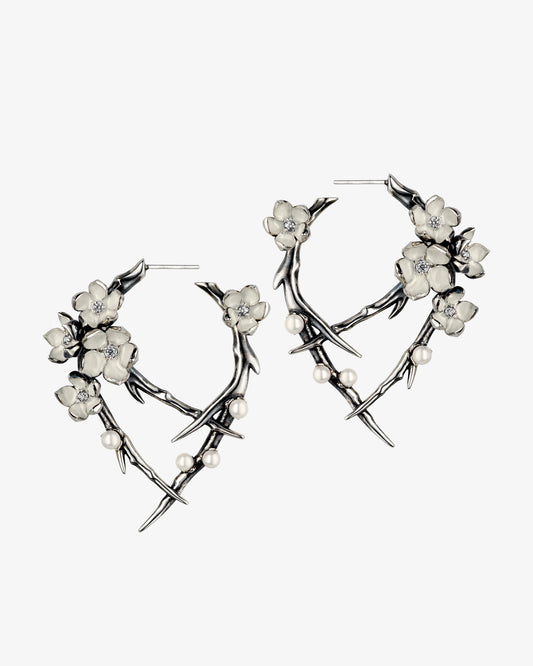 Cherry Blossom Diamond and Pearl Hoop Earrings