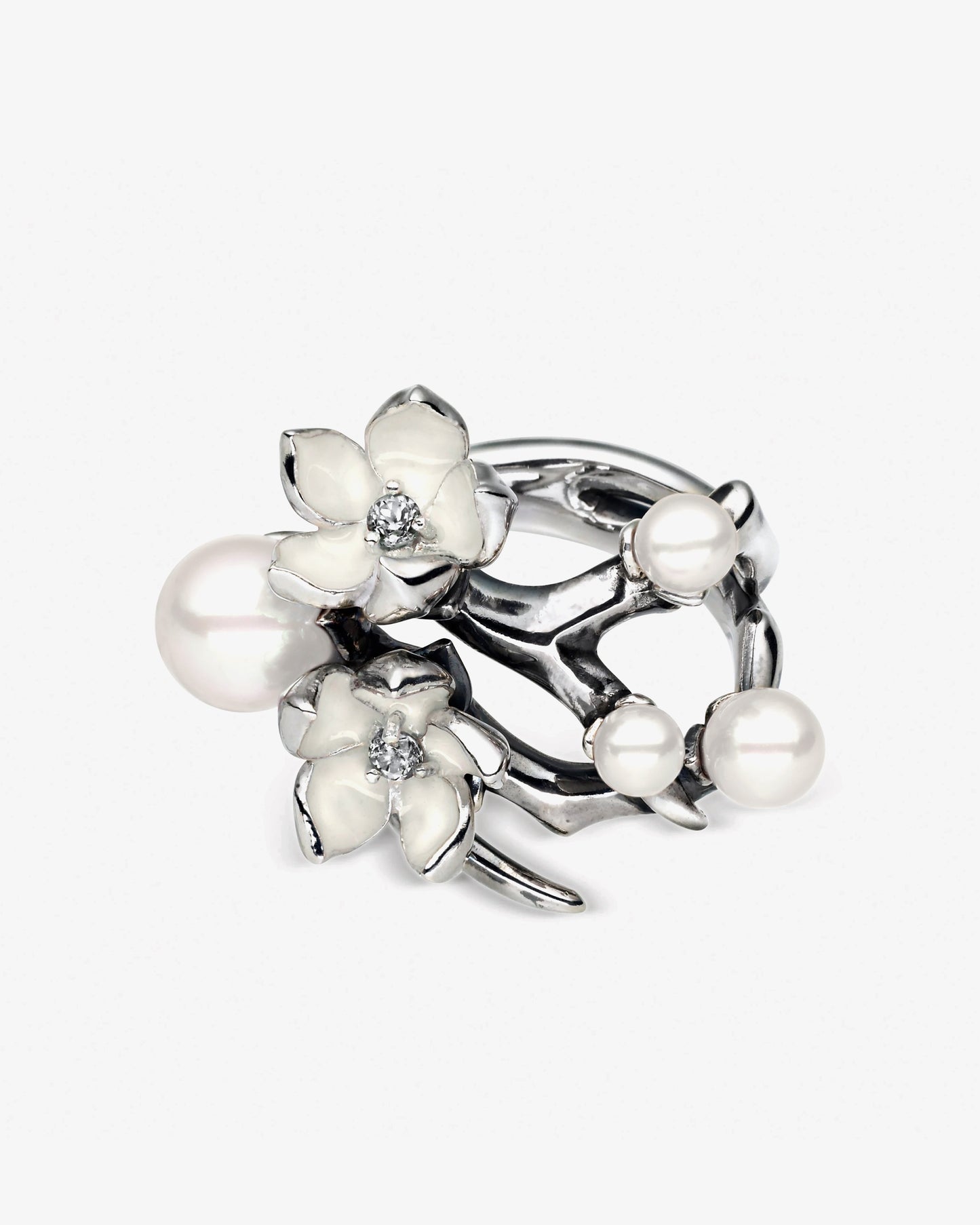 Shaun Leane Cherry Blossom Flower Diamond and Pearl Ring